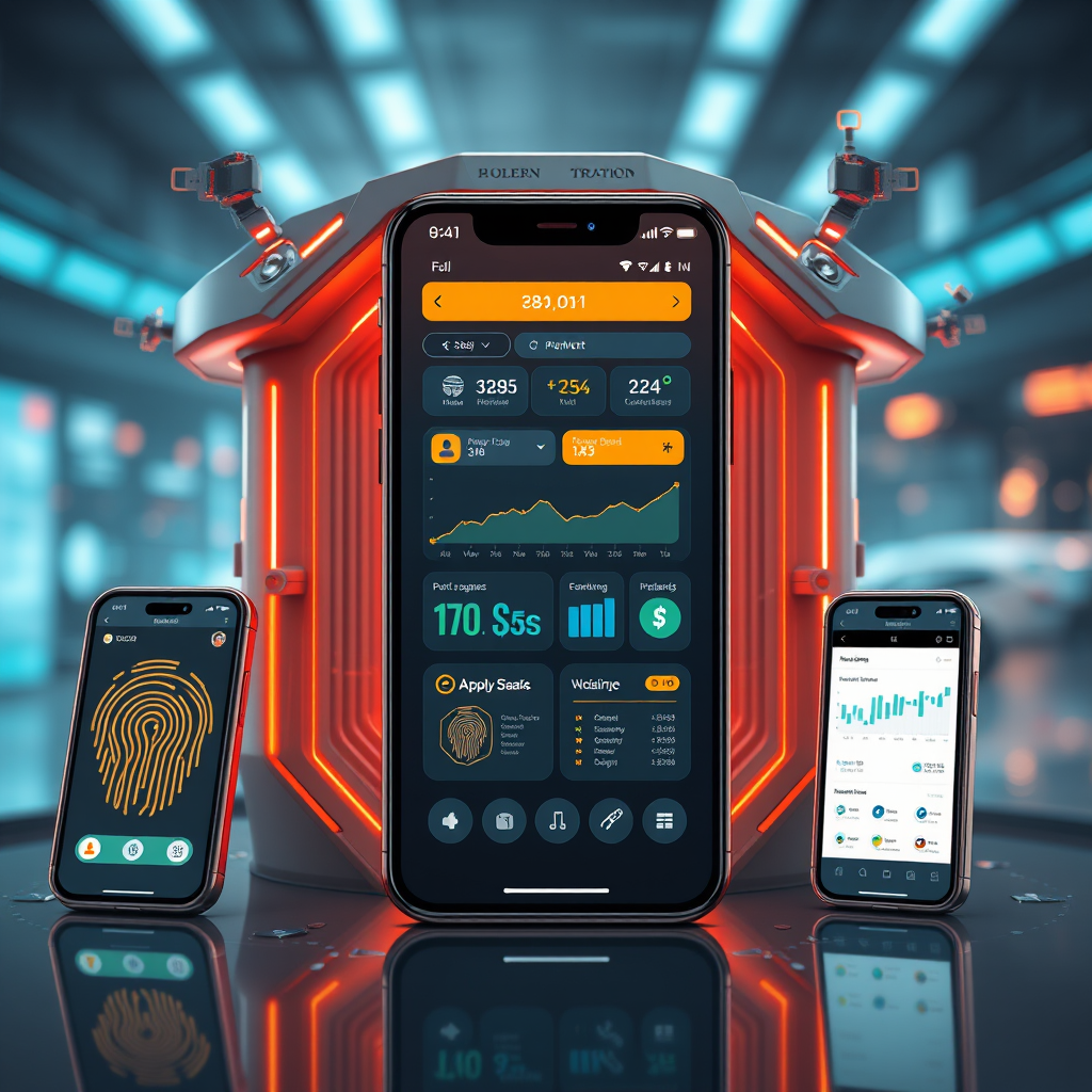 Moderní digitální bankovnictví s mobilními aplikacemi, biometrickými senzory a futuristickým rozhraním zobrazujícím grafy a platební systémy